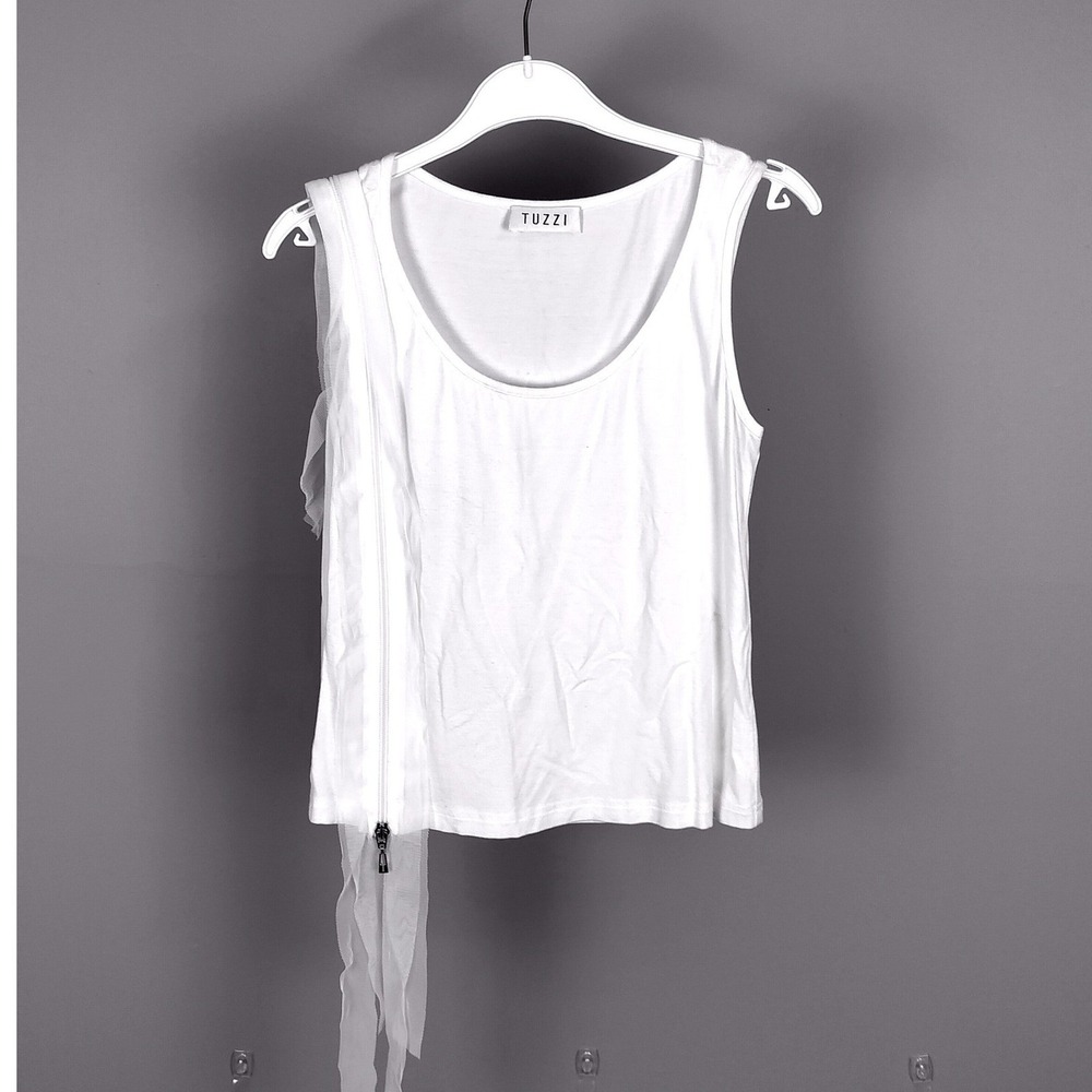 Tuzzi Zipper Mesh Detail Tank Top White Sleeveless Scoop Neck Jersey